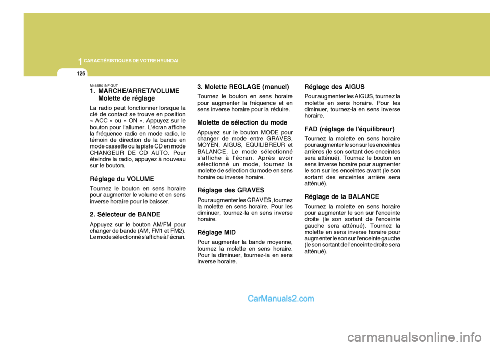 Hyundai Sonata 2005  Manuel du propriétaire (in French) 1CARACTÉRISTIQUES DE VOTRE HYUNDAI
126
M465B01NF-GUT 
1. MARCHE/ARRET/VOLUMEMolette de réglage
La radio peut fonctionner lorsque la clé de contact se trouve en position« ACC » ou « ON ». Appuye