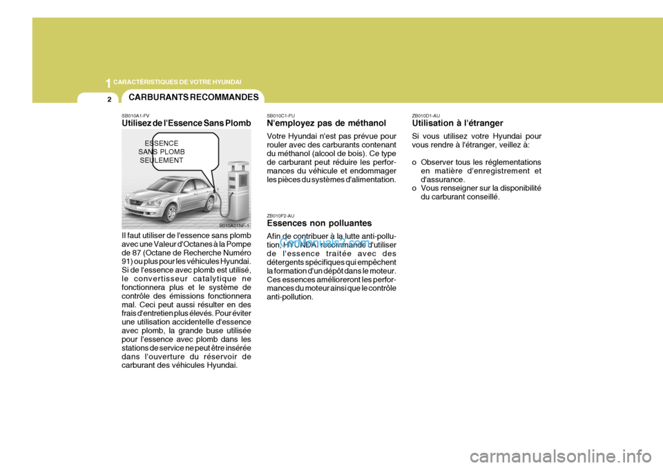 Hyundai Sonata 1CARACTÉRISTIQUES DE VOTRE HYUNDAI
2
SB010A1-FV Utilisez de lEssence Sans Plomb Il faut utiliser de lessence sans plomb avec une Valeur dOctanes à la Pompede 87 (Octane de Recherche Numéro 91) o