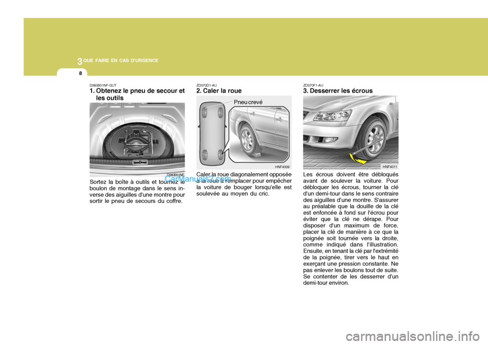Hyundai Sonata 3QUE FAIRE EN CAS DURGENCE
8
D060B01NF HNF4009
D060B01NF-GUT
1. Obtenez le pneu de secour et
les outils
Sortez la boîte à outils et tournez le
boulon de montage dans le sens in- verse des aiguille Hyundai Sonata 3QUE FAIRE EN CAS DURGENCE
8
D060B01NF HNF4009
D060B01NF-GUT
1. Obtenez le pneu de secour et
les outils
Sortez la boîte à outils et tournez le
boulon de montage dans le sens in- verse des aiguille