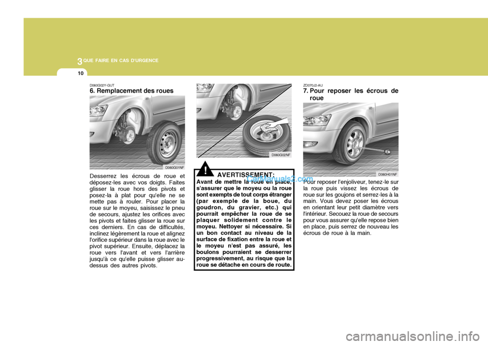 Hyundai Sonata 3QUE FAIRE EN CAS DURGENCE
10
!
ZD070J2-AU
7. Pour reposer les écrous de
roue
Pour reposer lenjoliveur, tenez-le sur
la roue puis vissez les écrous de roue sur les goujons et serrez-les à la main Hyundai Sonata 3QUE FAIRE EN CAS DURGENCE
10
!
ZD070J2-AU
7. Pour reposer les écrous de
roue
Pour reposer lenjoliveur, tenez-le sur
la roue puis vissez les écrous de roue sur les goujons et serrez-les à la main