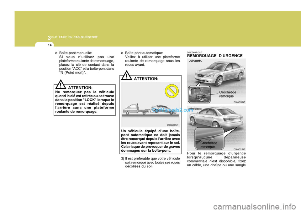 Hyundai Sonata 3QUE FAIRE EN CAS DURGENCE
14
D080D04A-GUT REMORQUAGE DURGENCE Pour le remorquage durgence lorsquaucune dépanneusecommerciale nest disponible, fixez un câble, une chaîne ou une sangle
!
!
Un v Hyundai Sonata 3QUE FAIRE EN CAS DURGENCE
14
D080D04A-GUT REMORQUAGE DURGENCE Pour le remorquage durgence lorsquaucune dépanneusecommerciale nest disponible, fixez un câble, une chaîne ou une sangle
!
!
Un v