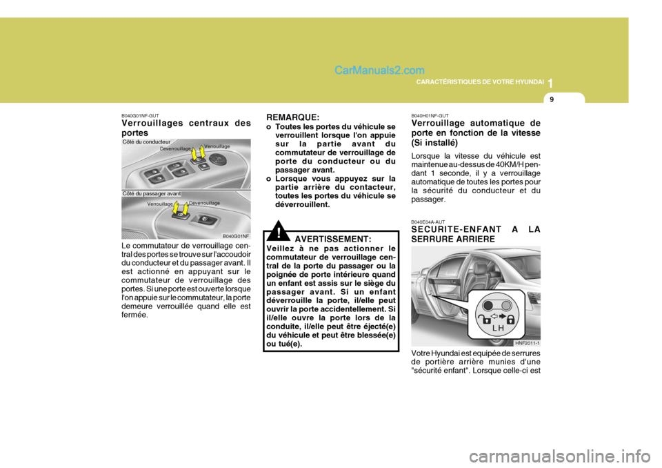 Hyundai Sonata 2005  Manuel du propriétaire (in French) 1
CARACTÉRISTIQUES DE VOTRE HYUNDAI
9
B040G01NF-GUT Verrouillages centraux des portes
Le commutateur de verrouillage cen- tral des portes se trouve sur laccoudoir du conducteur et du passager avant.