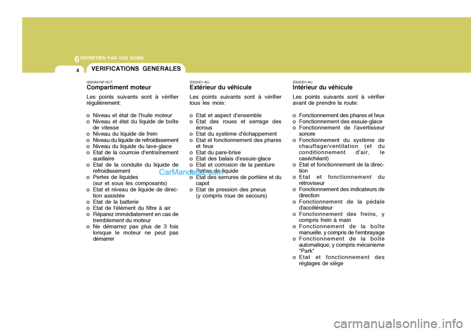 Hyundai Sonata 6ENTRETIEN PAR VOS SOINS
4VERIFICATIONS GENERALES
ZG020D1-AU Intérieur du véhicule Les points suivants sont à vérifier
avant de prendre la route:
o Fonctionnement des phares et feux
o Fonctionne Hyundai Sonata 6ENTRETIEN PAR VOS SOINS
4VERIFICATIONS GENERALES
ZG020D1-AU Intérieur du véhicule Les points suivants sont à vérifier
avant de prendre la route:
o Fonctionnement des phares et feux
o Fonctionne