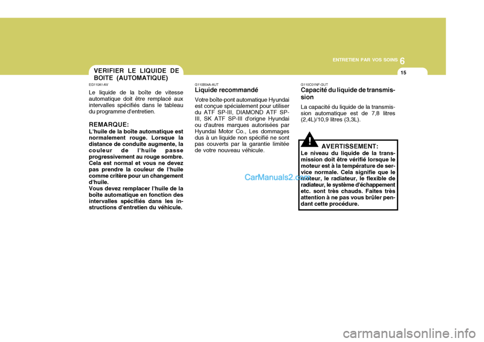 Hyundai Sonata 6
ENTRETIEN PAR VOS SOINS
15VERIFIER LE LIQUIDE DE BOITE (AUTOMATIQUE)
EG110A1-AV Le liquide de la boîte de vitesse automatique doit être remplacé aux intervalles spécifiés dans le tableaudu prog Hyundai Sonata 6
ENTRETIEN PAR VOS SOINS
15VERIFIER LE LIQUIDE DE BOITE (AUTOMATIQUE)
EG110A1-AV Le liquide de la boîte de vitesse automatique doit être remplacé aux intervalles spécifiés dans le tableaudu prog