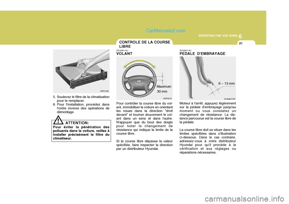 Hyundai Sonata 6
ENTRETIEN PAR VOS SOINS
21
HNF2165
!
5. Soulevez le filtre de la climatisation
pour le remplacer.
6. Pour linstallation, procédez dans
lordre inverse des opérations de démontage.
ATTENTION:
Pou Hyundai Sonata 6
ENTRETIEN PAR VOS SOINS
21
HNF2165
!
5. Soulevez le filtre de la climatisation
pour le remplacer.
6. Pour linstallation, procédez dans
lordre inverse des opérations de démontage.
ATTENTION:
Pou
