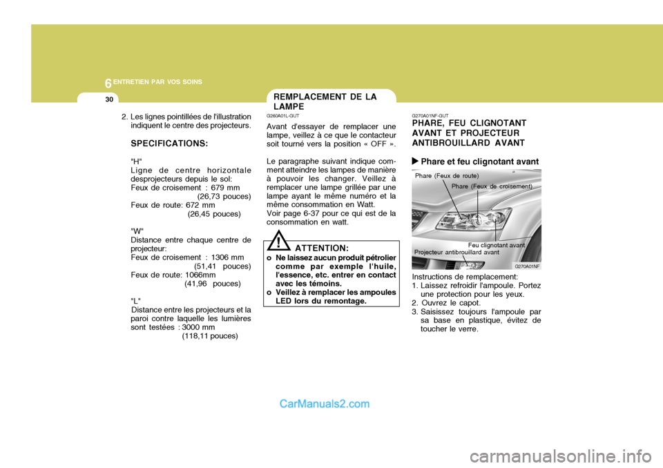 Hyundai Sonata 6ENTRETIEN PAR VOS SOINS
30REMPLACEMENT DE LA LAMPE
G260A01L-GUT Avant dessayer de remplacer une lampe, veillez à ce que le contacteur soit tourné vers la position « OFF ». Le paragraphe suivant Hyundai Sonata 6ENTRETIEN PAR VOS SOINS
30REMPLACEMENT DE LA LAMPE
G260A01L-GUT Avant dessayer de remplacer une lampe, veillez à ce que le contacteur soit tourné vers la position « OFF ». Le paragraphe suivant