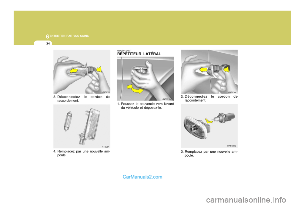 Hyundai Sonata 6ENTRETIEN PAR VOS SOINS
34
HNF5032
3. Déconnectez le cordon de raccordement.
4. Remplacez par une nouvelle am- poule.
HTB284
2. Déconnectez le cordon deraccordement. HNF5044
HNF5019
G270E01A-GVT RÃ Hyundai Sonata 6ENTRETIEN PAR VOS SOINS
34
HNF5032
3. Déconnectez le cordon de raccordement.
4. Remplacez par une nouvelle am- poule.
HTB284
2. Déconnectez le cordon deraccordement. HNF5044
HNF5019
G270E01A-GVT RÃ