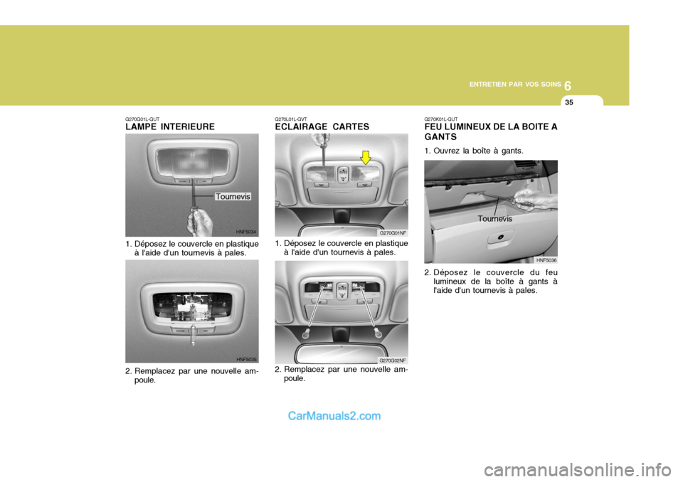 Hyundai Sonata 6
ENTRETIEN PAR VOS SOINS
35
G270G01NF
G270G02NF
G270L01L-GVT ECLAIRAGE CARTES
1. Déposez le couvercle en plastique à laide dun tournevis à pales.
2. Remplacez par une nouvelle am- poule.
G270K01 Hyundai Sonata 6
ENTRETIEN PAR VOS SOINS
35
G270G01NF
G270G02NF
G270L01L-GVT ECLAIRAGE CARTES
1. Déposez le couvercle en plastique à laide dun tournevis à pales.
2. Remplacez par une nouvelle am- poule.
G270K01