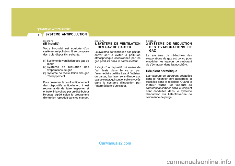 Hyundai Sonata 7SYSTEME ANTIPOLLUTION
2
SH010A2-FU (Si installé) Votre Hyundai est équipée dun système antipollution. Il se compose des trois dispositifs suivants:
(1) Système de ventilation des gaz de
carter Hyundai Sonata 7SYSTEME ANTIPOLLUTION
2
SH010A2-FU (Si installé) Votre Hyundai est équipée dun système antipollution. Il se compose des trois dispositifs suivants:
(1) Système de ventilation des gaz de
carter