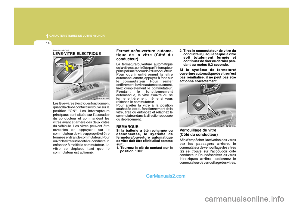 Hyundai Sonata 2005  Manuel du propriétaire (in French) 1CARACTÉRISTIQUES DE VOTRE HYUNDAI
14
B060A01NF-GUT LEVE-VITRE ELECTRIQUE Les lève-vitres électriques fonctionnent quand la clé de contact se trouve sur la position "ON". Les interrupteursprincipa