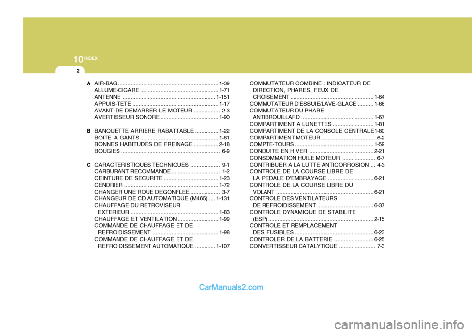 Hyundai Sonata 10INDEX
2
AAIR-BAG ................................................................ 1-39
ALLUME-CIGARE .................................................. 1-71
ANTENNE ................................. Hyundai Sonata 10INDEX
2
AAIR-BAG ................................................................ 1-39
ALLUME-CIGARE .................................................. 1-71
ANTENNE .................................
