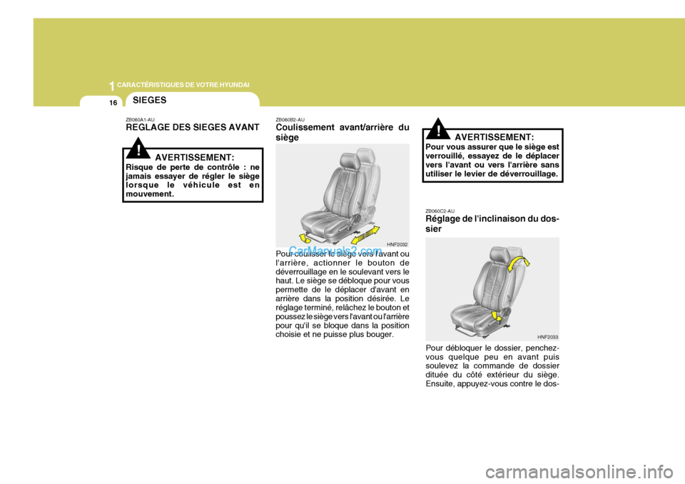 Hyundai Sonata 2005  Manuel du propriétaire (in French) 1CARACTÉRISTIQUES DE VOTRE HYUNDAI
16
!
!
SIEGES
ZB060A1-AU REGLAGE DES SIEGES AVANT
AVERTISSEMENT:
Risque de perte de contrôle : ne jamais essayer de régler le siège lorsque le véhicule est en m