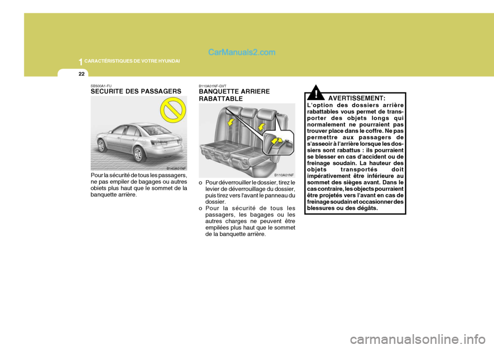 Hyundai Sonata 1CARACTÉRISTIQUES DE VOTRE HYUNDAI
22
B140A01NF
SB500A1-FU SECURITE DES PASSAGERS
!AVERTISSEMENT:
Loption des dossiers arrière rabattables vous permet de trans- porter des objets longs quinormaleme