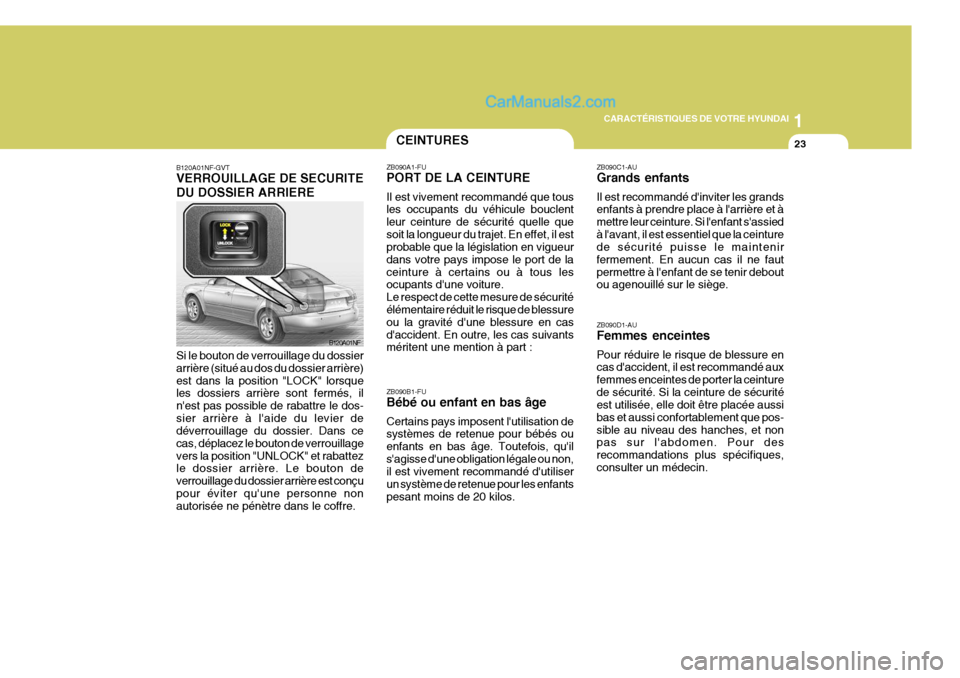 Hyundai Sonata 1
CARACTÉRISTIQUES DE VOTRE HYUNDAI
23
B120A01NF-GVT VERROUILLAGE DE SECURITE DU DOSSIER ARRIERE Si le bouton de verrouillage du dossier arrière (situé au dos du dossier arrière)est dans la positi