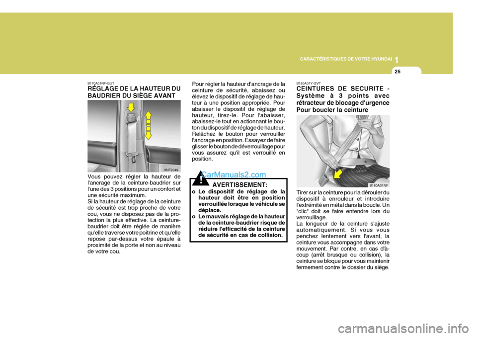 Hyundai Sonata 1
CARACTÉRISTIQUES DE VOTRE HYUNDAI
25
!
Pour régler la hauteur dancrage de la ceinture de sécurité, abaissez ouélevez le dispositif de réglage de hau- teur à une position appropriée. Pour ab