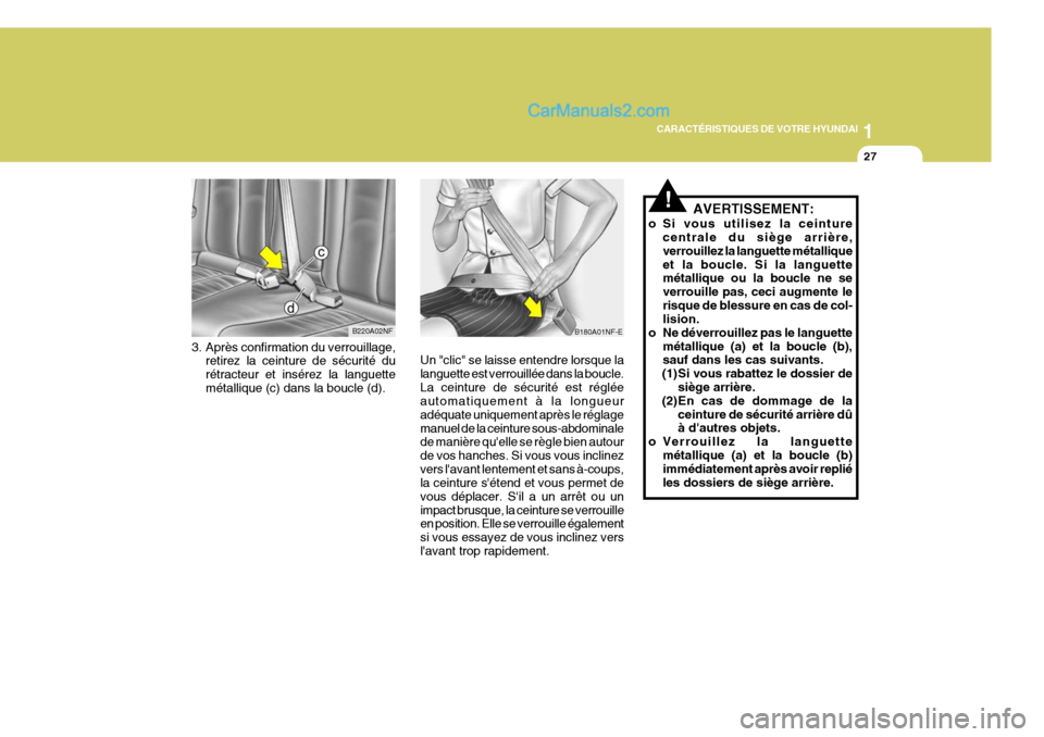 Hyundai Sonata 2005  Manuel du propriétaire (in French) 1
CARACTÉRISTIQUES DE VOTRE HYUNDAI
27
B220A02NF
3. Après confirmation du verrouillage, retirez la ceinture de sécurité du rétracteur et insérez la languettemétallique (c) dans la boucle (d).
!