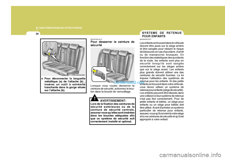 Hyundai Sonata 1CARACTÉRISTIQUES DE VOTRE HYUNDAI
28
!
B220C02A-GUT Pour desserrer la ceinture de sécurité Lorsque vous voulez desserrer la ceinture de sécurité, actionnez le bou-ton dans la boucle de verrouill