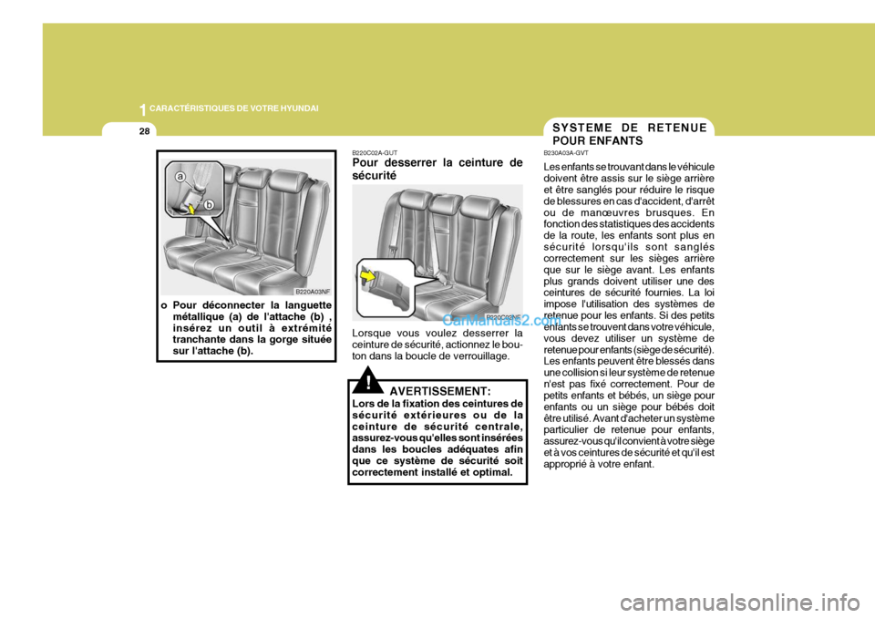 Hyundai Sonata 2005  Manuel du propriétaire (in French) 1CARACTÉRISTIQUES DE VOTRE HYUNDAI
28
!
B220C02A-GUT Pour desserrer la ceinture de sécurité Lorsque vous voulez desserrer la ceinture de sécurité, actionnez le bou-ton dans la boucle de verrouill