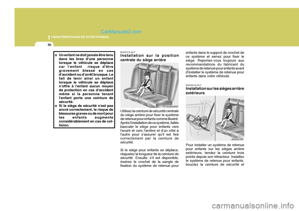 Hyundai Sonata 2005  Manuel du propriétaire (in French) 1CARACTÉRISTIQUES DE VOTRE HYUNDAI
30
B235G02NF
B230F01A-AUT Installation sur la position centrale du siège arrière Utilisez la ceinture de sécurité centrale du siège arrière pour fixer le syst