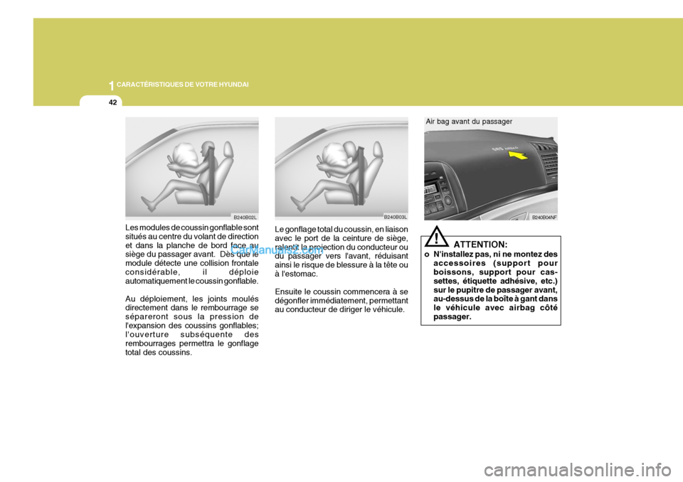 Hyundai Sonata 2005  Manuel du propriétaire (in French) 1CARACTÉRISTIQUES DE VOTRE HYUNDAI
42
B240B03L
B240B02L
Les modules de coussin gonflable sont situés au centre du volant de directionet dans la planche de bord face au siège du passager avant.  Dè