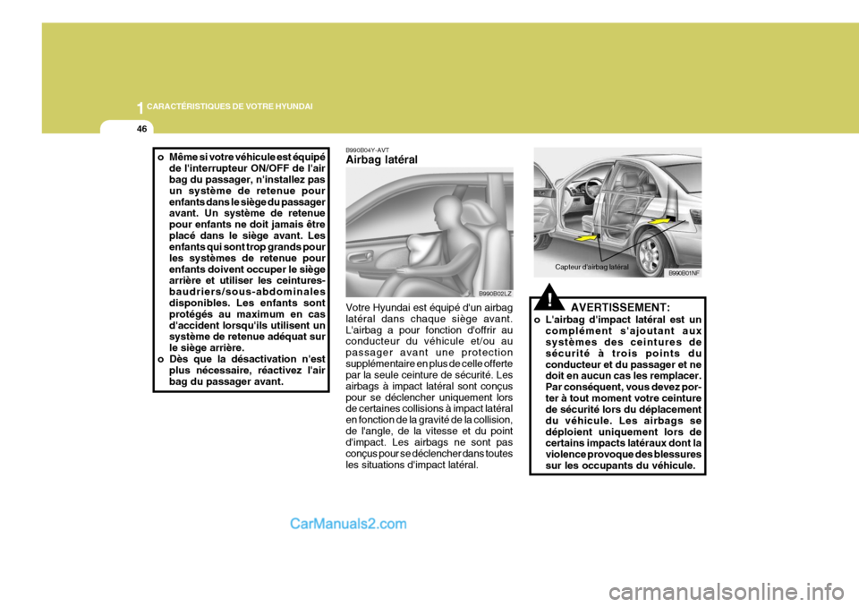 Hyundai Sonata 2005  Manuel du propriétaire (in French) 1CARACTÉRISTIQUES DE VOTRE HYUNDAI
46
!AVERTISSEMENT:
o Lairbag dimpact latéral est un complément sajoutant aux systèmes des ceintures de sécurité à trois points duconducteur et du passager 