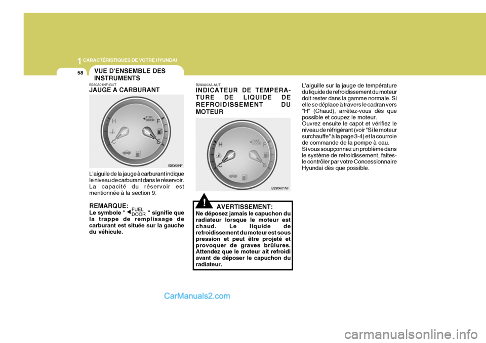Hyundai Sonata 1CARACTÉRISTIQUES DE VOTRE HYUNDAI
58
Laiguile de la jauge à carburant indique le niveau de carburant dans le réservoir. La capacité du réservoir estmentionnée à la section 9. REMARQUE: Le sym Hyundai Sonata 1CARACTÉRISTIQUES DE VOTRE HYUNDAI
58
Laiguile de la jauge à carburant indique le niveau de carburant dans le réservoir. La capacité du réservoir estmentionnée à la section 9. REMARQUE: Le sym