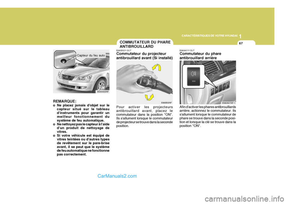 Hyundai Sonata 1
CARACTÉRISTIQUES DE VOTRE HYUNDAI
67COMMUTATEUR DU PHARE ANTIBROUILLARD
B360B02Y-GUT Commutateur du projecteur antibrouillard avant (Si installé) Pour activer les projecteurs antibrouillard avant, Hyundai Sonata 1
CARACTÉRISTIQUES DE VOTRE HYUNDAI
67COMMUTATEUR DU PHARE ANTIBROUILLARD
B360B02Y-GUT Commutateur du projecteur antibrouillard avant (Si installé) Pour activer les projecteurs antibrouillard avant,
