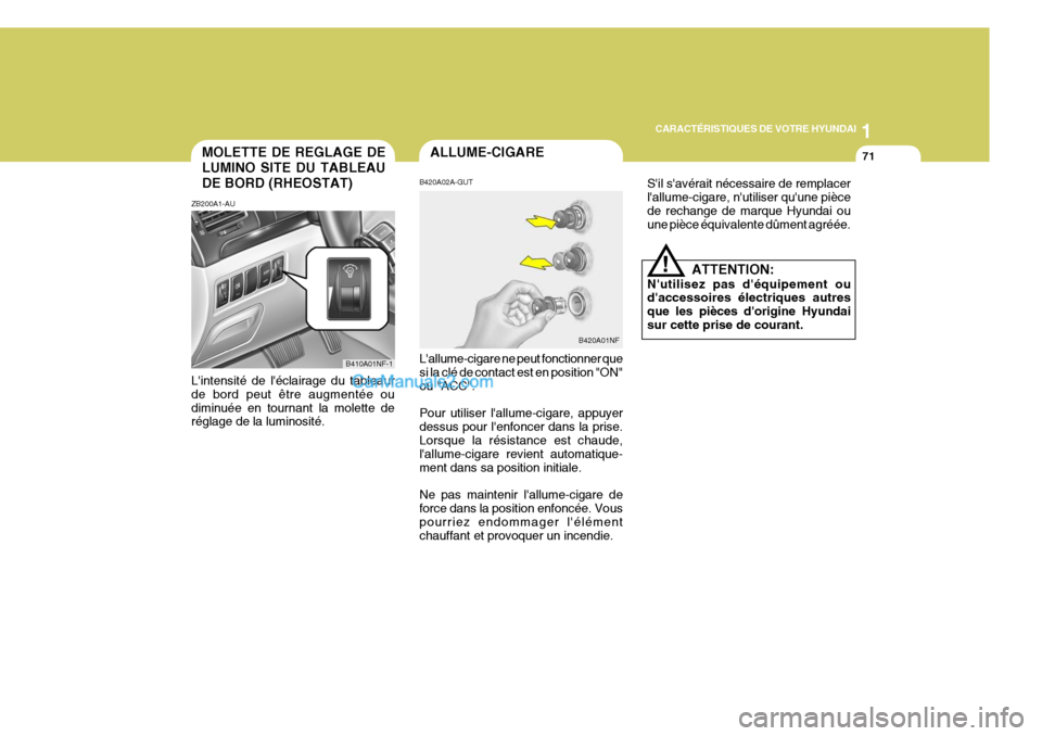 Hyundai Sonata 1
CARACTÉRISTIQUES DE VOTRE HYUNDAI
71
Sil savérait nécessaire de remplacer lallume-cigare, nutiliser quune piècede rechange de marque Hyundai ou une pièce équivalente dûment agréée.ALLU Hyundai Sonata 1
CARACTÉRISTIQUES DE VOTRE HYUNDAI
71
Sil savérait nécessaire de remplacer lallume-cigare, nutiliser quune piècede rechange de marque Hyundai ou une pièce équivalente dûment agréée.ALLU