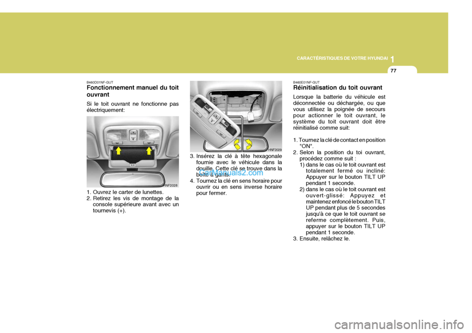 Hyundai Sonata 1
CARACTÉRISTIQUES DE VOTRE HYUNDAI
77
B460E01NF-GUT Réinitialisation du toit ouvrant Lorsque la batterie du véhicule est déconnectée ou déchargée, ou quevous utilisez la poignée de secours po Hyundai Sonata 1
CARACTÉRISTIQUES DE VOTRE HYUNDAI
77
B460E01NF-GUT Réinitialisation du toit ouvrant Lorsque la batterie du véhicule est déconnectée ou déchargée, ou quevous utilisez la poignée de secours po