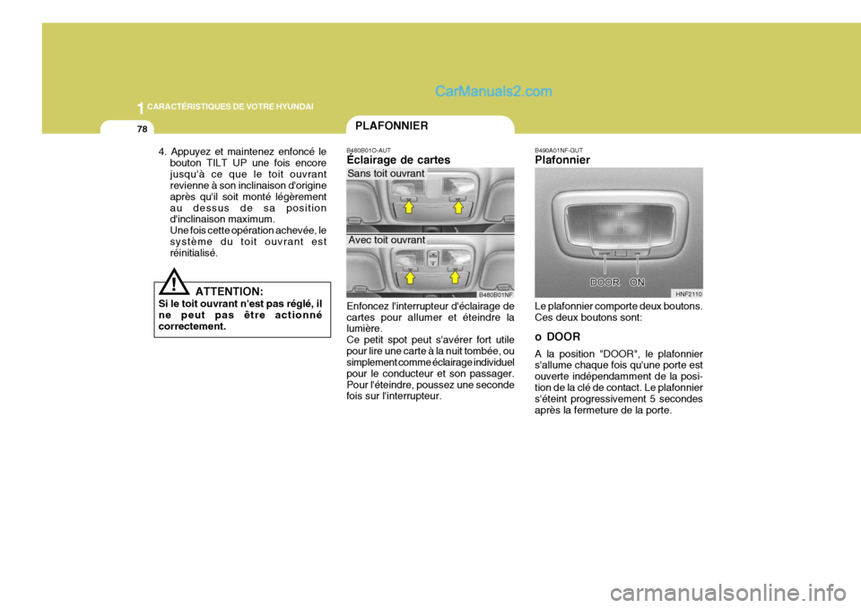 Hyundai Sonata 1CARACTÉRISTIQUES DE VOTRE HYUNDAI
78
B480B01O-AUT Éclairage de cartes Enfoncez linterrupteur déclairage de cartes pour allumer et éteindre la lumière. Ce petit spot peut savérer fort utilepo Hyundai Sonata 1CARACTÉRISTIQUES DE VOTRE HYUNDAI
78
B480B01O-AUT Éclairage de cartes Enfoncez linterrupteur déclairage de cartes pour allumer et éteindre la lumière. Ce petit spot peut savérer fort utilepo
