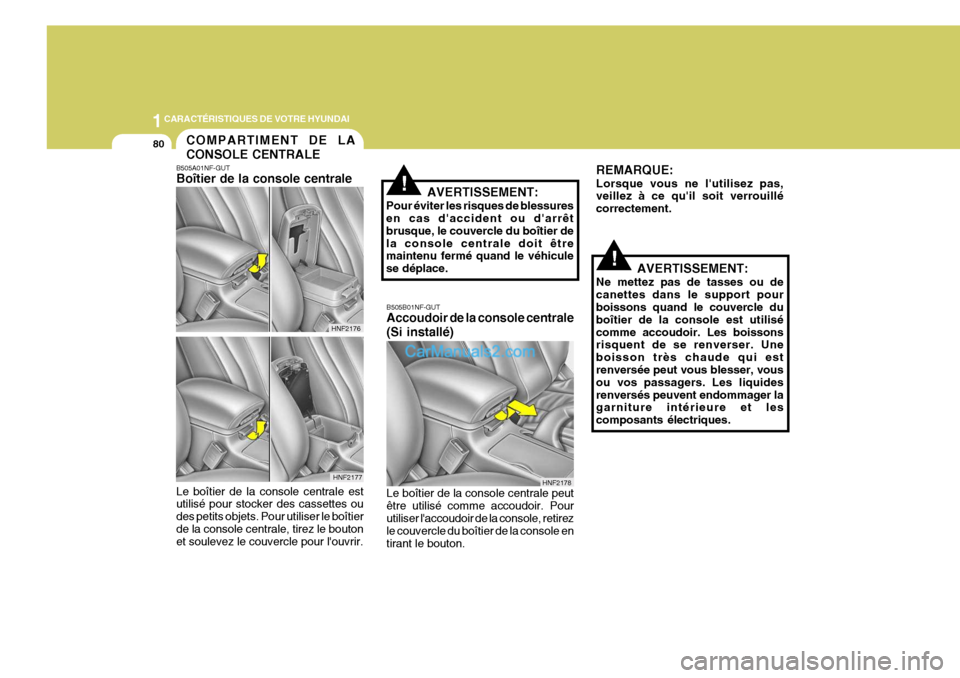 Hyundai Sonata 1CARACTÉRISTIQUES DE VOTRE HYUNDAI
80
!
!AVERTISSEMENT:
Pour éviter les risques de blessures en cas daccident ou darrêt brusque, le couvercle du boîtier dela console centrale doit être maintenu Hyundai Sonata 1CARACTÉRISTIQUES DE VOTRE HYUNDAI
80
!
!AVERTISSEMENT:
Pour éviter les risques de blessures en cas daccident ou darrêt brusque, le couvercle du boîtier dela console centrale doit être maintenu