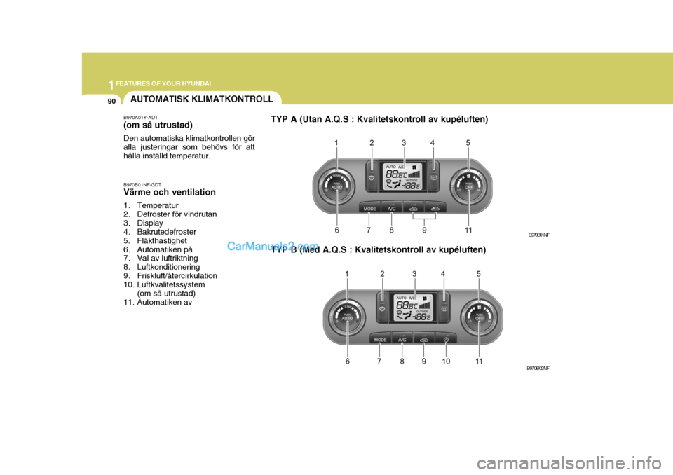 Hyundai Sonata 1FEATURES OF YOUR HYUNDAI
90AUTOMATISK KLIMATKONTROLL
B970A01Y-ADT (om så utrustad) Den automatiska klimatkontrollen gör alla justeringar som behövs för atthålla inställd temperatur. B970B01NF-G
