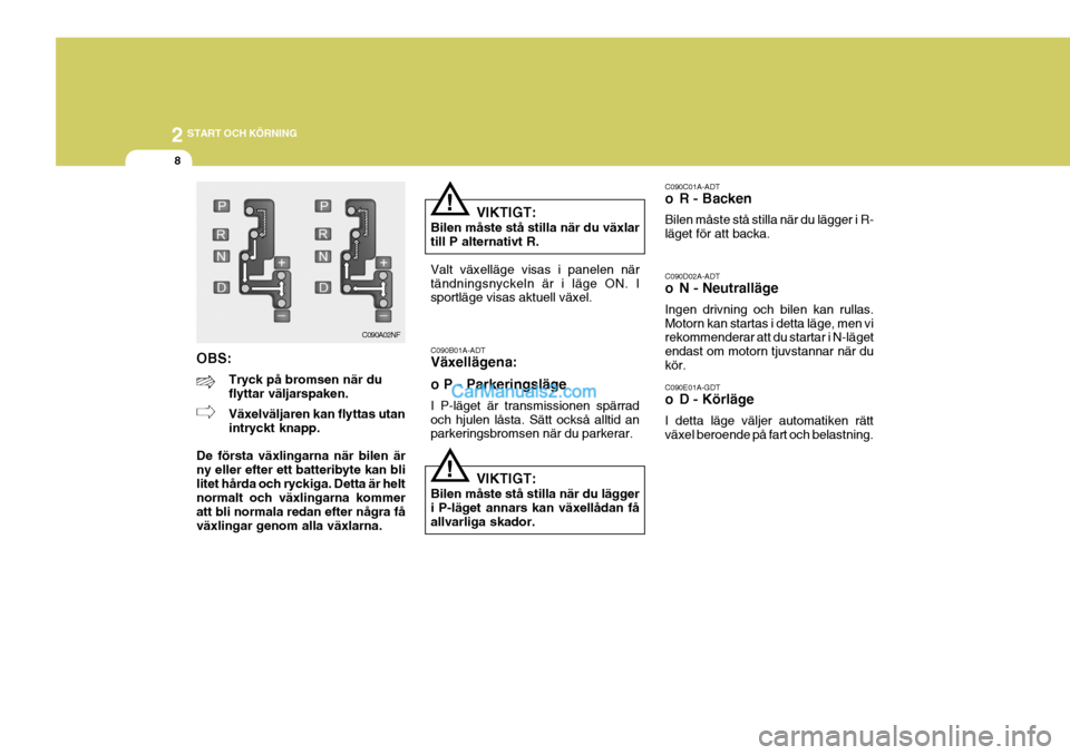 Hyundai Sonata 2005 Ägarmanual (in Swedish) 2 START OCH KÖRNING
8
C090E01A-GDT
o D - Körläge I detta läge väljer automatiken rätt växel beroende på fart och belastning.
C090C01A-ADT
o R - Backen Bilen måste stå stilla när du lägge Hyundai Sonata 2005 Ägarmanual (in Swedish) 2 START OCH KÖRNING
8
C090E01A-GDT
o D - Körläge I detta läge väljer automatiken rätt växel beroende på fart och belastning.
C090C01A-ADT
o R - Backen Bilen måste stå stilla när du lägge