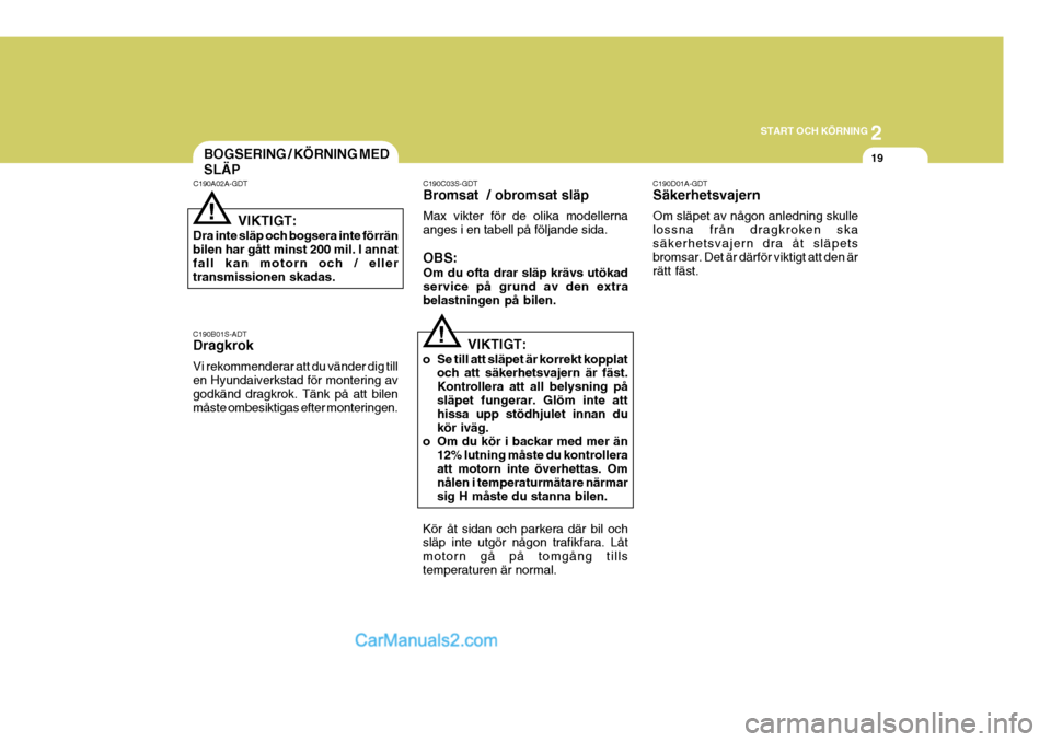 Hyundai Sonata 2
START OCH KÖRNING
19BOGSERING / KÖRNING MED SLÄP
C190A02A-GDT
C190B01S-ADT Dragkrok Vi rekommenderar att du vänder dig till en Hyundaiverkstad för montering av godkänd dragkrok. Tänk på att 