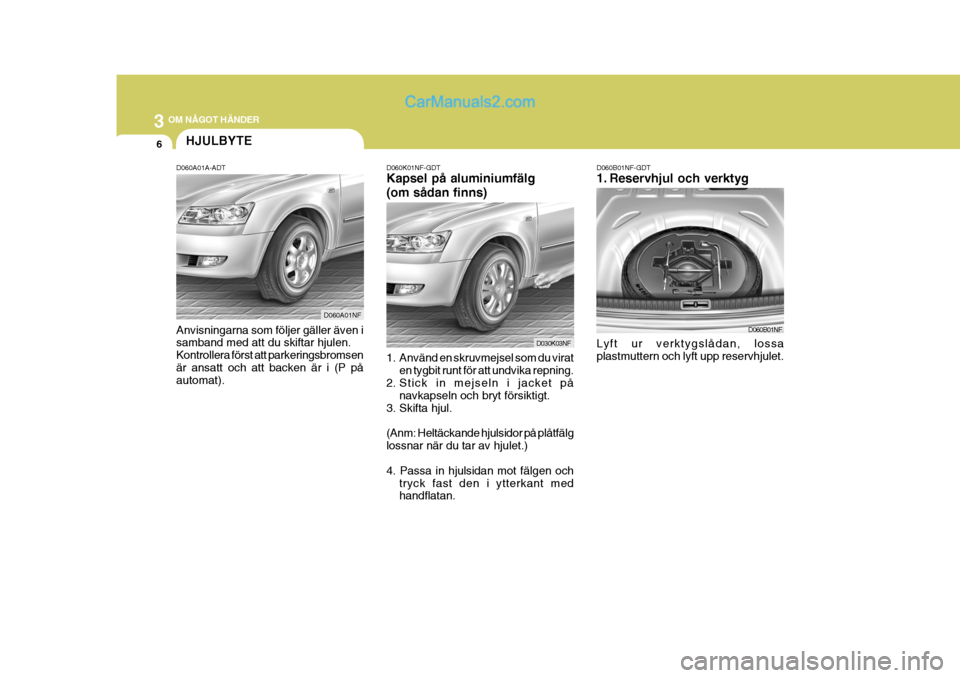 Hyundai Sonata 2005 Ägarmanual (in Swedish) 3 OM NÅGOT HÄNDER
6
1. Använd en skruvmejsel som du viraten tygbit runt för att undvika repning.
2. Stick in mejseln i jacket på
navkapseln och bryt försiktigt.
3. Skifta hjul. (Anm: Heltäckand Hyundai Sonata 2005 Ägarmanual (in Swedish) 3 OM NÅGOT HÄNDER
6
1. Använd en skruvmejsel som du viraten tygbit runt för att undvika repning.
2. Stick in mejseln i jacket på
navkapseln och bryt försiktigt.
3. Skifta hjul. (Anm: Heltäckand
