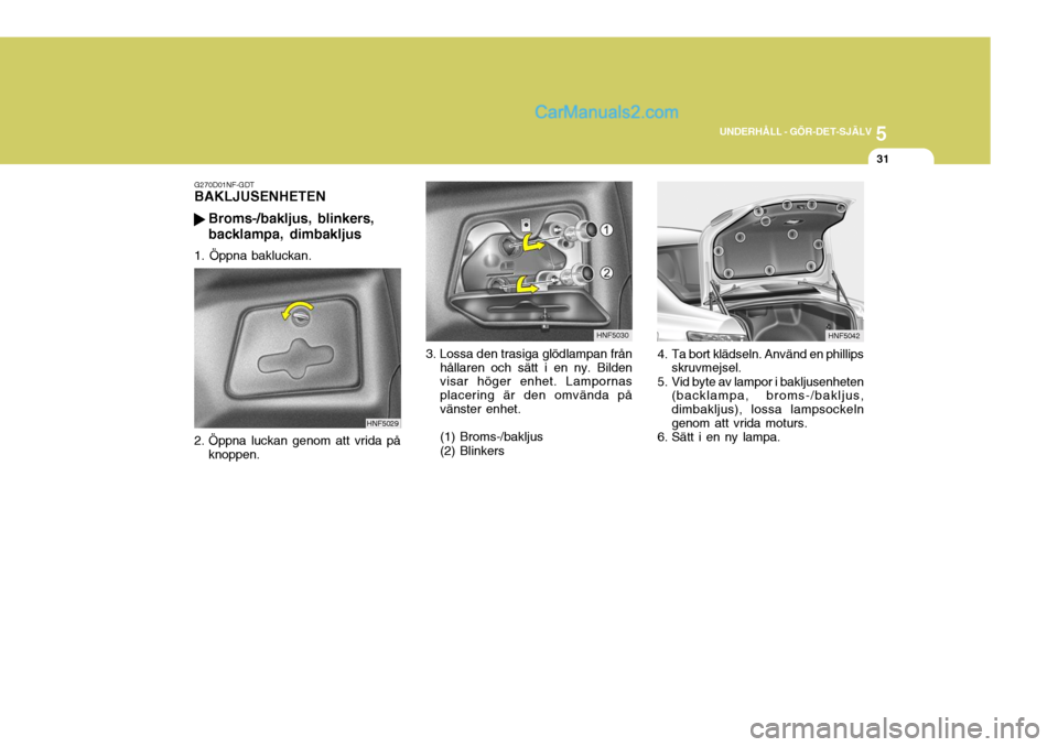 Hyundai Sonata 2005 Ägarmanual (in Swedish) 5
UNDERHÅLL - GÖR-DET-SJÄLV
31
3. Lossa den trasiga glödlampan från
hållaren och sätt i en ny. Bilden visar höger enhet. Lampornas placering är den omvända på vänster enhet. (1) Broms-/bak Hyundai Sonata 2005 Ägarmanual (in Swedish) 5
UNDERHÅLL - GÖR-DET-SJÄLV
31
3. Lossa den trasiga glödlampan från
hållaren och sätt i en ny. Bilden visar höger enhet. Lampornas placering är den omvända på vänster enhet. (1) Broms-/bak