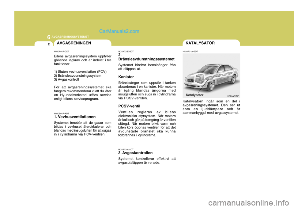 Hyundai Sonata 2005 Ägarmanual (in Swedish) 6AVGASRENINGSSYSTEMET
2KATALYSATOR
H020A01A-GDT Katalysatorn ingår som en del i avgasreningssystemet. Den ser utsom en ljuddämpare och är sammanbyggd med avgassystemet.
H010A01A-GDT Bilens avgasren Hyundai Sonata 2005 Ägarmanual (in Swedish) 6AVGASRENINGSSYSTEMET
2KATALYSATOR
H020A01A-GDT Katalysatorn ingår som en del i avgasreningssystemet. Den ser utsom en ljuddämpare och är sammanbyggd med avgassystemet.
H010A01A-GDT Bilens avgasren