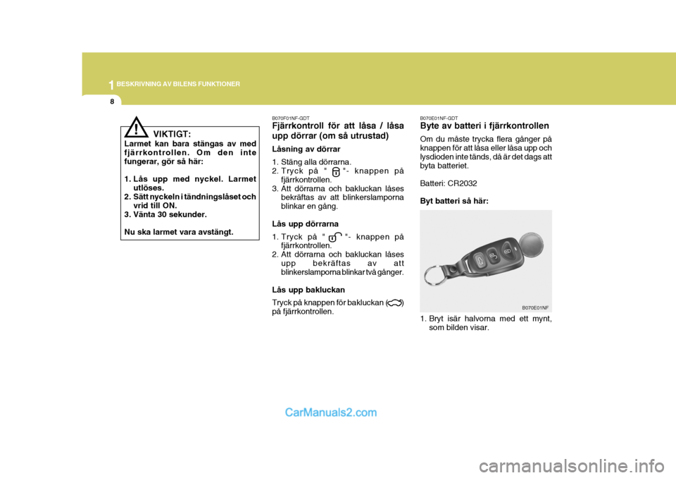 Hyundai Sonata 1BESKRIVNING AV BILENS FUNKTIONER
8
B070E01NF-GDT Byte av batteri i fjärrkontrollen Om du måste trycka flera gånger på knappen för att låsa eller låsa upp ochlysdioden inte tänds, då är det 