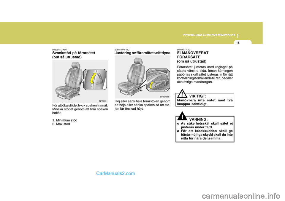 Hyundai Sonata 1
BESKRIVNING AV BILENS FUNKTIONER
15
B080E01O-ADT Svankstöd på förarsätet (om så utrustad) För att öka stödet tryck spaken framåt. Minska stödet genom att föra spakenbakåt. 1. Minimum st�
