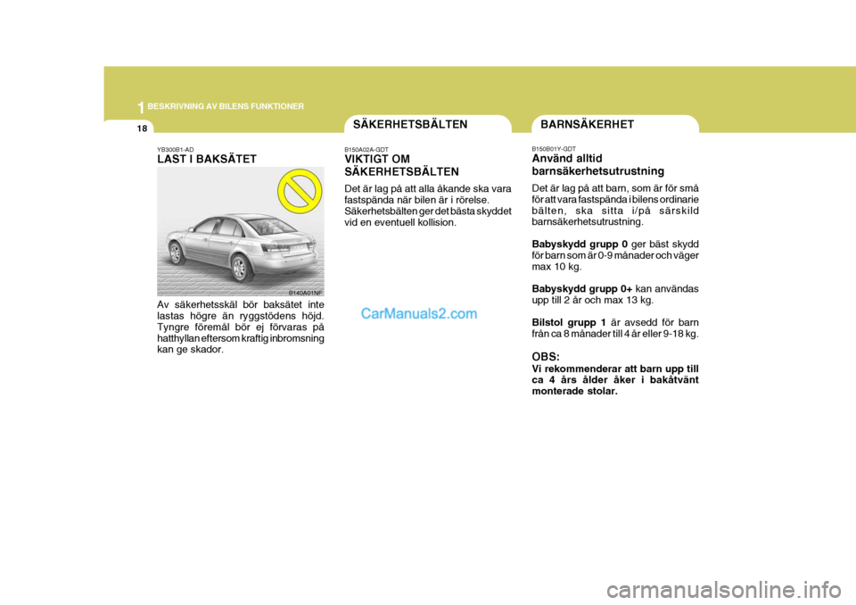 Hyundai Sonata 2005 Ägarmanual (in Swedish) 1BESKRIVNING AV BILENS FUNKTIONER
18BARNSÄKERHET
B150B01Y-GDT Använd alltid barnsäkerhetsutrustning Det är lag på att barn, som är för små för att vara fastspända i bilens ordinariebälten, Hyundai Sonata 2005 Ägarmanual (in Swedish) 1BESKRIVNING AV BILENS FUNKTIONER
18BARNSÄKERHET
B150B01Y-GDT Använd alltid barnsäkerhetsutrustning Det är lag på att barn, som är för små för att vara fastspända i bilens ordinariebälten,