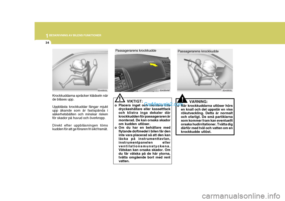 Hyundai Sonata 2005 Ägarmanual (in Swedish) 1BESKRIVNING AV BILENS FUNKTIONER
34
B240B03L
Krockkuddarna spräcker klädseln när de blåses upp. Uppblåsta krockkuddar fångar mjukt upp åkande som är fastspända isäkerhetsbälten och minskar Hyundai Sonata 2005 Ägarmanual (in Swedish) 1BESKRIVNING AV BILENS FUNKTIONER
34
B240B03L
Krockkuddarna spräcker klädseln när de blåses upp. Uppblåsta krockkuddar fångar mjukt upp åkande som är fastspända isäkerhetsbälten och minskar