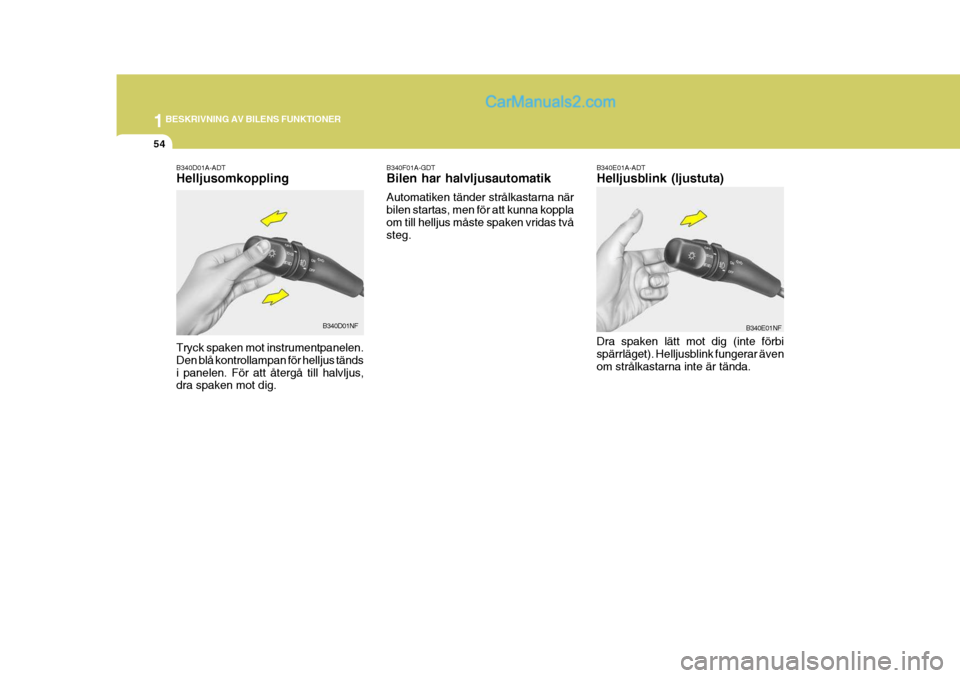 Hyundai Sonata 1BESKRIVNING AV BILENS FUNKTIONER
54
B340E01A-ADT Helljusblink (ljustuta) Dra spaken lätt mot dig (inte förbi spärrläget). Helljusblink fungerar även om strålkastarna inte är tända. B340E01NF
