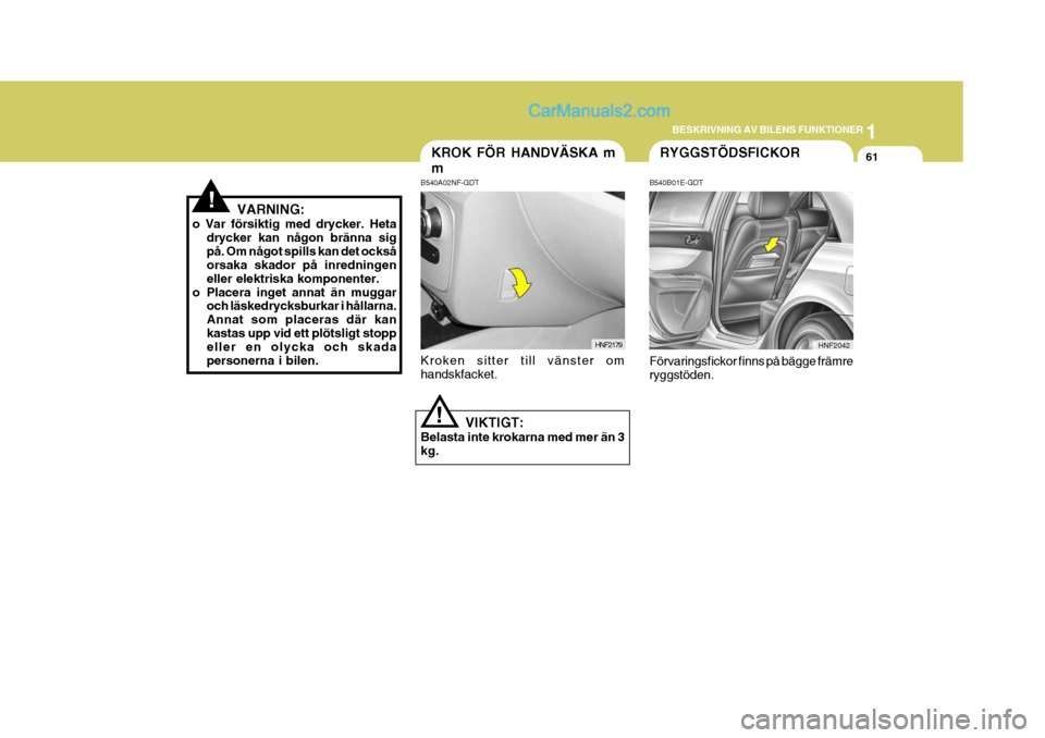 Hyundai Sonata 2005 Ägarmanual (in Swedish) 1
BESKRIVNING AV BILENS FUNKTIONER
61
!VARNING:
o Var försiktig med drycker. Heta drycker kan någon bränna sig på. Om något spills kan det också orsaka skador på inredningen eller elektriska ko Hyundai Sonata 2005 Ägarmanual (in Swedish) 1
BESKRIVNING AV BILENS FUNKTIONER
61
!VARNING:
o Var försiktig med drycker. Heta drycker kan någon bränna sig på. Om något spills kan det också orsaka skador på inredningen eller elektriska ko