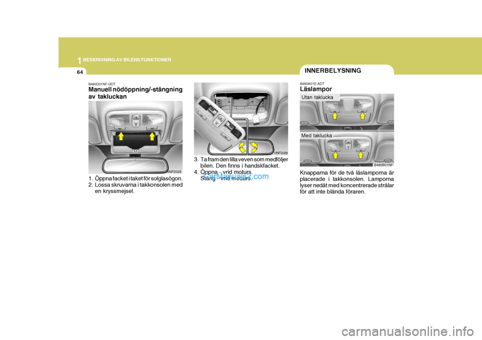 Hyundai Sonata 2005 Ägarmanual (in Swedish) 1BESKRIVNING AV BILENS FUNKTIONER
64INNERBELYSNING
B480A01E-ADT Läslampor Knapparna för de två läslamporna är placerade i takkonsolen. Lamporna lyser nedåt med koncentrerade strålar för att in Hyundai Sonata 2005 Ägarmanual (in Swedish) 1BESKRIVNING AV BILENS FUNKTIONER
64INNERBELYSNING
B480A01E-ADT Läslampor Knapparna för de två läslamporna är placerade i takkonsolen. Lamporna lyser nedåt med koncentrerade strålar för att in