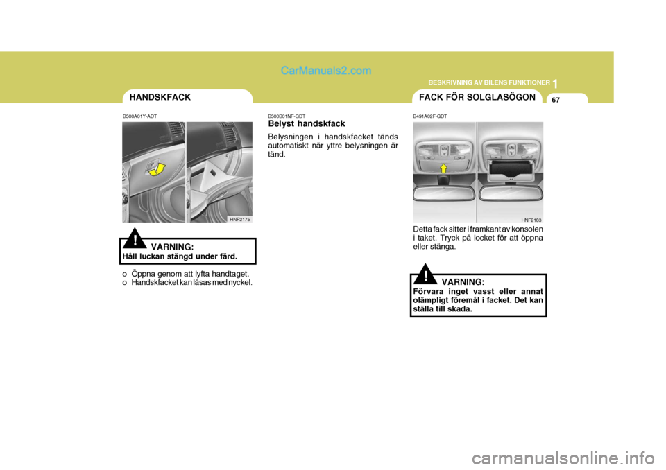 Hyundai Sonata 2005 Ägarmanual (in Swedish) 1
BESKRIVNING AV BILENS FUNKTIONER
67
!
FACK FÖR SOLGLASÖGON
B491A02F-GDT Detta fack sitter i framkant av konsolen i taket. Tryck på locket för att öppna eller stänga.
VARNING:
Förvara inget va Hyundai Sonata 2005 Ägarmanual (in Swedish) 1
BESKRIVNING AV BILENS FUNKTIONER
67
!
FACK FÖR SOLGLASÖGON
B491A02F-GDT Detta fack sitter i framkant av konsolen i taket. Tryck på locket för att öppna eller stänga.
VARNING:
Förvara inget va
