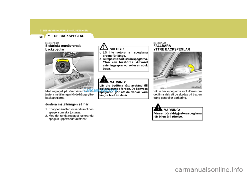 Hyundai Sonata 2005 Ägarmanual (in Swedish) 1BESKRIVNING AV BILENS FUNKTIONER
68
!
B510B01FC-GDT Elektriskt manövrerade backspeglar Med reglaget på förardörren kan du justera inställningen för de bägge yttrebackspeglarna. Justera instäl Hyundai Sonata 2005 Ägarmanual (in Swedish) 1BESKRIVNING AV BILENS FUNKTIONER
68
!
B510B01FC-GDT Elektriskt manövrerade backspeglar Med reglaget på förardörren kan du justera inställningen för de bägge yttrebackspeglarna. Justera instäl
