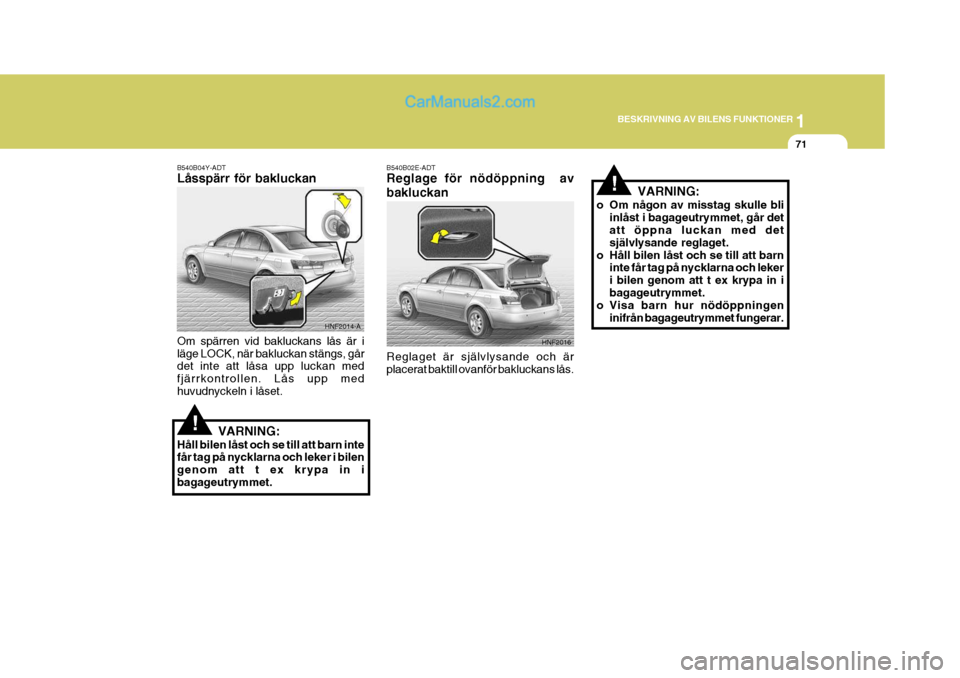 Hyundai Sonata 2005 Ägarmanual (in Swedish) 1
BESKRIVNING AV BILENS FUNKTIONER
71
!
Om spärren vid bakluckans lås är i läge LOCK, när bakluckan stängs, går det inte att låsa upp luckan med fjärrkontrollen. Lås upp medhuvudnyckeln i là Hyundai Sonata 2005 Ägarmanual (in Swedish) 1
BESKRIVNING AV BILENS FUNKTIONER
71
!
Om spärren vid bakluckans lÃ¥s är i läge LOCK, när bakluckan stängs, gÃ¥r det inte att lÃ¥sa upp luckan med fjärrkontrollen. LÃ¥s upp medhuvudnyckeln i lÃ
