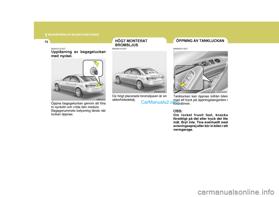 Hyundai Sonata 2005 Ägarmanual (in Swedish) 1BESKRIVNING AV BILENS FUNKTIONER
72
B560A03Y-GDT
ÖPPNING AV TANKLUCKAN
Tankluckan kan öppnas inifrån bilen med ett tryck på öppningstangenten iförardörren. OBS: Om locket frusit fast, knacka f Hyundai Sonata 2005 Ägarmanual (in Swedish) 1BESKRIVNING AV BILENS FUNKTIONER
72
B560A03Y-GDT
ÖPPNING AV TANKLUCKAN
Tankluckan kan öppnas inifrån bilen med ett tryck på öppningstangenten iförardörren. OBS: Om locket frusit fast, knacka f