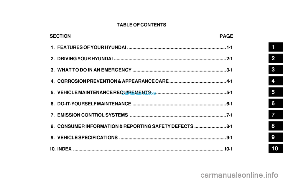 Hyundai Sonata TABLE OF CONTENTS
SECTION                                                                                                          PAGE
 1. FEATURES OF YOUR HYUNDAI....................................