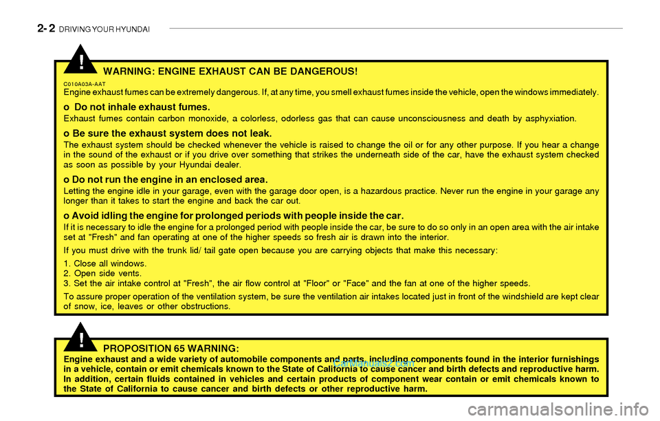 Hyundai Sonata 2004  Owners Manual 2- 2  DRIVING YOUR HYUNDAI
!WARNING: ENGINE EXHAUST CAN BE DANGEROUS!
C010A03A-AATEngine exhaust fumes can be extremely dangerous. If, at any time, you smell exhaust fumes inside the vehicle, open the